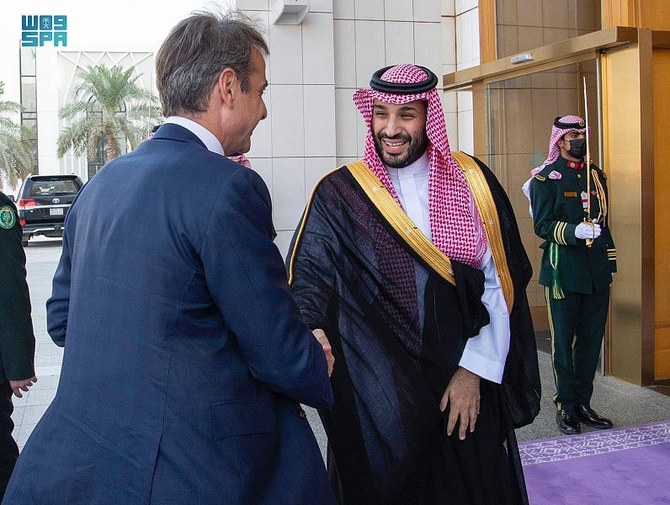 Saudi Arabia’s Crown Prince Mohammed bin Salman meets Greek Prime Minister Kyriakos Mitsotakis in Riyadh on Tuesday, Oct. 26, 2021. (SPA)