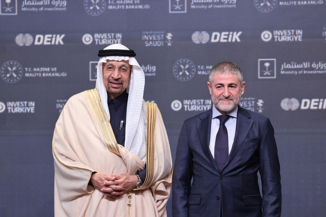  Saudi Investment Minister Khalid Al-Falih with Turkish Minister of Treasury and Finance Nureddin Nebati at the business forum in Istanbul on Thursday. DEIK