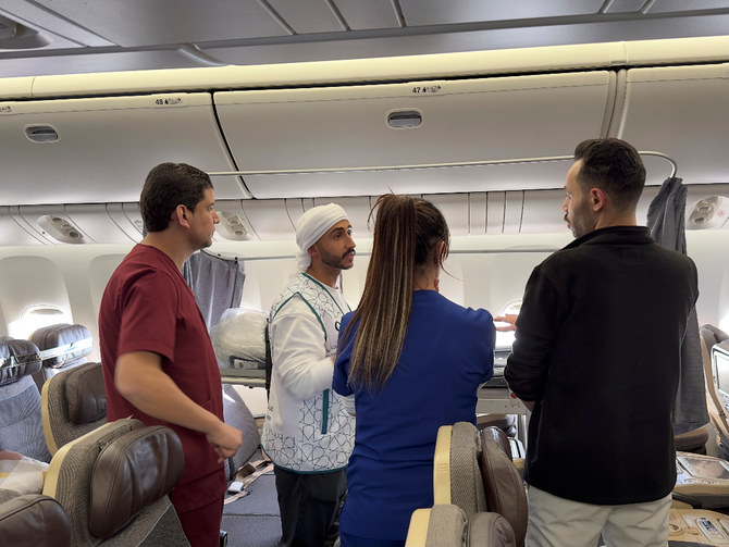 Etihad Airways flight turned into “flying hospital” for Gazan patients airlifted from Egypt’s Al-Arish to Abu Dhabi for further treatment. (AN Photo: Mohammed Fawzy) ‘Nothing like we have seen before’: medics describe Gaza injuries on UAE evacuation flight
