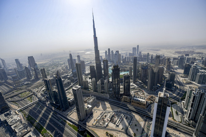 This picture taken on July 8, 2020 shows an aerial view of the Burj Khalifa skyscraper, the tallest structure and building in the world, in the Gulf emirate of Dubai, during a government-organised helicopter tour. (AFP/File Photo)