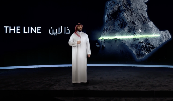 Saudi Crown Prince Mohammed bin Salman announces “The Line” project at NEOM. (SPA)