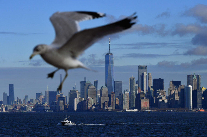 In this file photo a view of the lower Manhattan skyline is seen from the Staten Island Ferry as a seagull flies by on January 04, 2021 in New York City. New York City will terminate its contracts with the Trump Organization following last week's violent rampage at the US Capitol, Mayor Bill de Blasio said on January 13, 2021. (AFP / Angela Weiss)