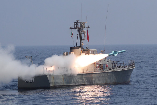 An Iranian “Noor” long-range anti-ship missile is fired from a warship during an Iranian navy military drill in the Gulf of Oman. (File/AFP)