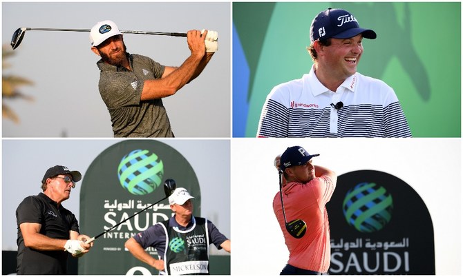 Clockwise from top left: Dustin Johnson, Patrick Reed, Bryson DeChambeau and Phil Mickelson all said they were glad to be back competing in Saudi Arabia. (Supplied)