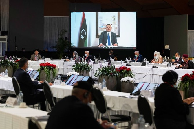 Abdul Hamid Mohammed Dbeibah delivering a speech via video link during a meeting of the Libyan Political Dialogue Forum (LPDF) on Feb. 5, 2021. (AFP/UN)