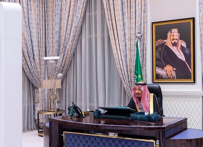 Saudi Arabia’s Council of Ministers held their weekly Cabinet meeting, virtually chaired by King Salman from NEOM, on Tuesday, Feb. 16, 2021. (SPA)