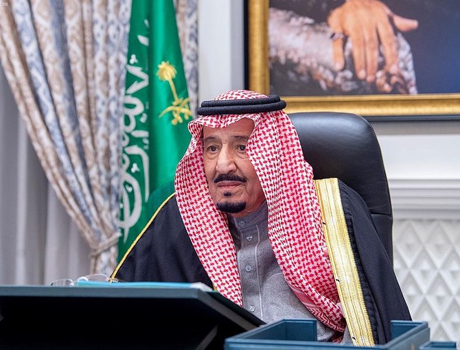 Saudi Arabia’s Council of Mincers held their weekly meeting, virtually chaired by King Salman from NEOM on Tuesday, Feb. 23, 2021. (SPA)