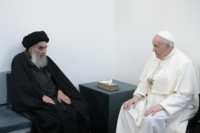 Shiite cleric, Ali Al-Sistani, met the Pope at his home in Najaf, the seat of the Iraqi Shiite clergy, on the second day of the pontiff’s historic tour of Iraq. (Office of Shiite cleric, Ali Al-Sistani)