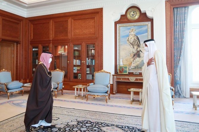 Emir of Qatar Sheikh Tamim bin Hamad receives Saudi Arabia’s Foreign Minister Prince Faisal bin Farhan in the capital Doha on Monday, March 8, 2021. (SPA)
