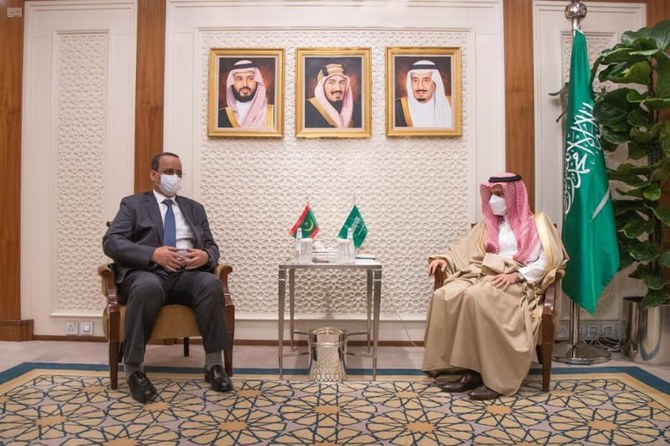 Saudi Arabia’s Foreign Minister Prince Faisal bin Farhan received his Mauritanian counterpart Ismail Ould Cheikh Ahmed in Riyadh on Thursday, March 11, 2021. (SPA)