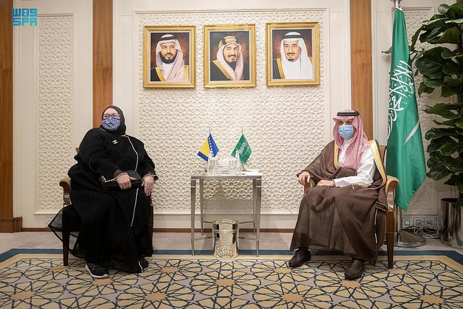 Saudi Arabia’s Foreign Minister Prince Faisal bin Farhan received his Bosnia and Herzegovinian counterpart Bisera Turkovic in Riyadh. (SPA)