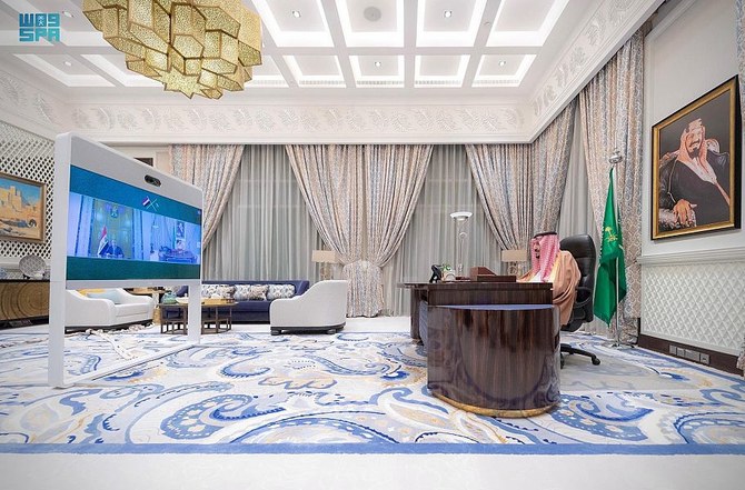 Saudi Arabia’s King Salman holds talks with Iraqi Prime Minister Mustafa Al-Kadhimi via video call. (SPA)
