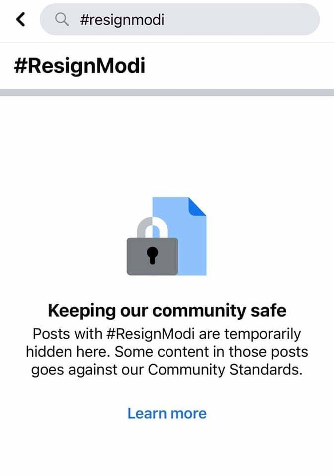 When searching for the hashtag, users were taken to a message that “some content in those posts goes against our Community Standards.” (Screenshot)