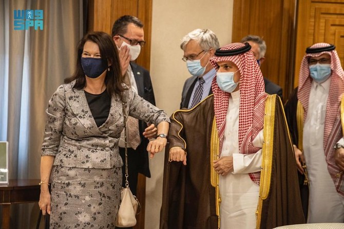 Saudi Foreign Minister Prince Faisal bin Farhan meets his Swedish counterpart Ann Linde and Sweden’s envoy to Yemen Peter Semneby. (SPA)