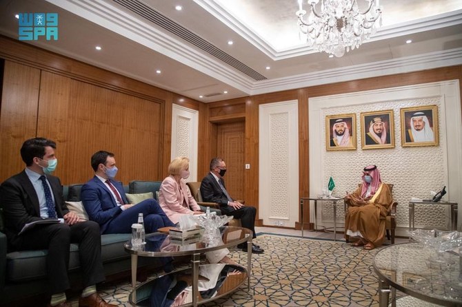 Saudi Arabia’s Foreign Minister Prince Faisal bin Farhan meets US envoy for the Horn of Africa Jeffrey Feltman. (SPA)