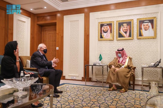Saudi Arabia’s Foreign Minister Prince Faisal bin Farhan meets UN High Representative for the Alliance of Civilizations (UNAOC) Miguel Moratinos. (SPA)