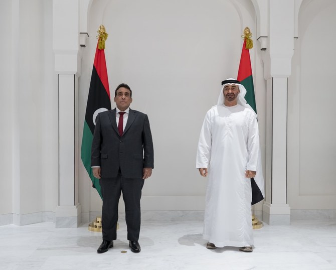 Abu Dhabi Crown Prince Sheikh Mohamed bin Zayed meets chairman of Libya’s Presidential Council Dr. Mohammed Younes Al-Manfi. (WAM)