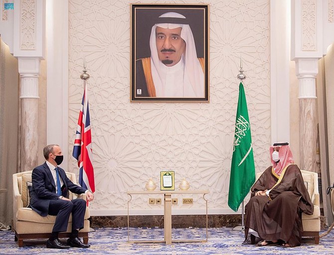 Saudi Arabia’s Crown Prince Mohammed bin Salman receives UK Foreign Secretary Dominic Raab. (SPA)