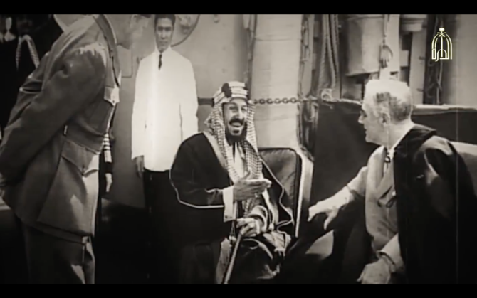 The historical material documents King Abdul Aziz's meeting with US President Franklin Roosevelt at the Great Bitter Lake in Egypt. (Screenshot)