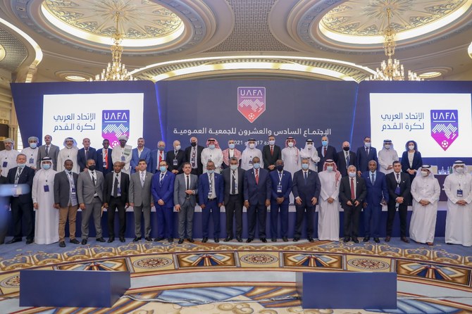 Minister of Sport Prince Abdul Aziz bin Turki Al-Faisal chaired the 26th Arab General Assembly of the Arab Football Federation. (Twitter/@UAFAAC)