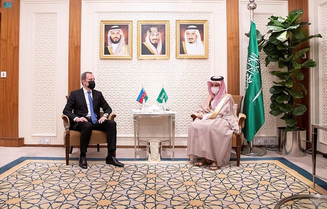Saudi Foreign Minister Prince Faisal bin Farhan receives his Azerbaijani counterpart Jeyhun Bayramov in Riyadh. (SPA)