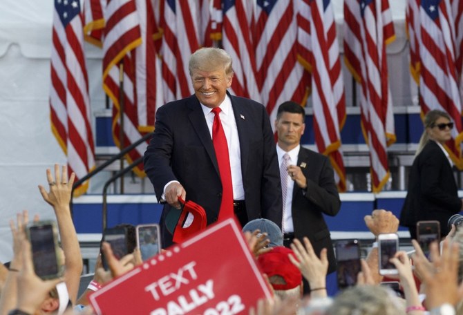 Former US President Donald Trump arrives for his campaign-style rally in Wellington, Ohio on June 26, 2021. (AFP)