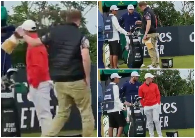 Waiting to start his second round alongside US Open champion Jon Rahm and American Justin Thomas, McIlroy watched on in bemusement. (Screenshot/Twitter)