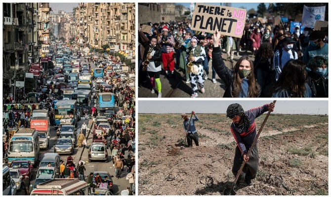 A traffic jam in the central Attaba district of Egypt's capital Cairo, a climate protester in France and Iraqi farmers work at a farm outside Khanaqin. (AFP/File Photos)