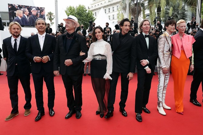 Lyna Khoudri (center) stands between co-stars Bill Murray and Adrien Brody at the premiere on Monday. (Getty Images)