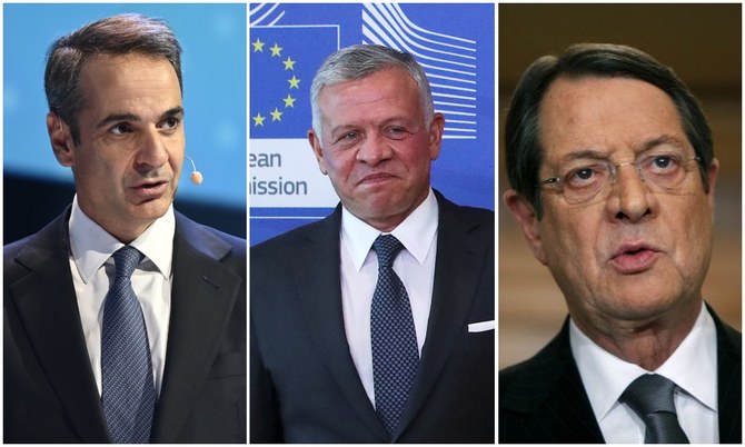 Greek Prime Minister Kyriakos Mitsotakis (L), King Abdullah II of Jordan (C) and Cyprus President Nicos Anastasiades issued a joint statement aimed at Turkey. (Reuters/File Photos)