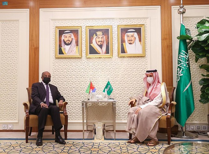 Saudi Arabia’s Foreign Minister Prince Faisal bin Farhan receives his Eritrean counterpart Osman Saleh Mohammed in Riyadh. (SPA)