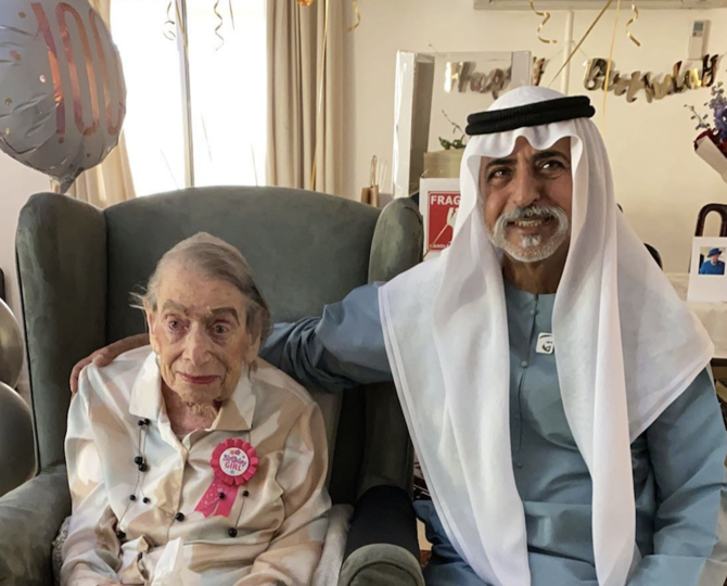 100-year-old British expatriate Jocelyn Henderson with Nahyan Al-Nahyan in Abu Dhabi, UAE. (Supplied)