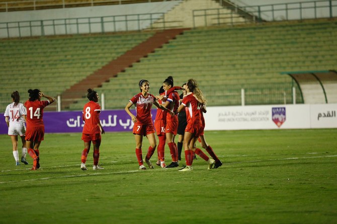 Jordan players celebrate Maysa Jbarah's late winner in the 2021 Arab Women's Cup final against Tunisia. (UAFA)