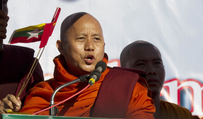 In this Sunday, Oct. 14, 2018 file photo, Buddhist monk and anti-Muslim community leader Wirathu speaks during a pro-military rally in front of city hall in Yangon, Myanmar. (AP)