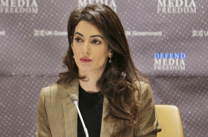 In this Wednesday, Sept. 25, 2019 file photo, attorney Amal Clooney listens during a panel discussion on media freedom at United Nations headquarters. (AP)