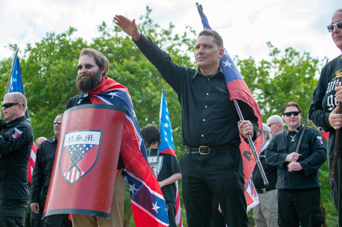 Members of the National Socialist Movement (NSM) and other white nationalists rally at Greenville Street Park in Newnan, Georgia. (File/AFP)