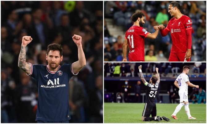 Lionel Messi scored his first PSG goal to sink Manchester City, Liverpool hit five past FC Porto and Sheriff Tiraspol pulled off a major shock by beating Real Madrid at the Bernabeu. (Reuters/AFP)