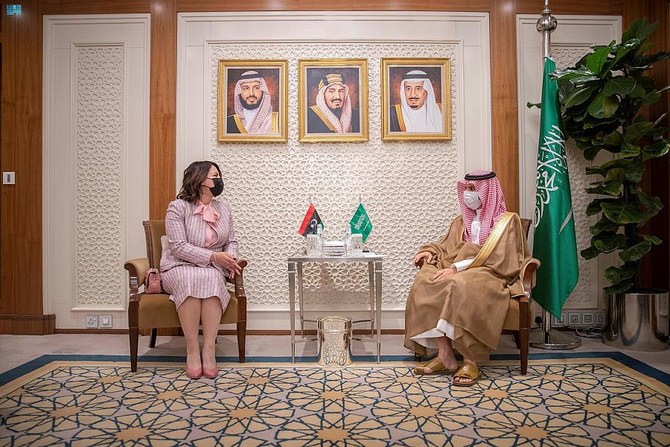 Saudi Foreign Minister Prince Faisal bin Farhan meets his Libyan counterpart Najla Mangoush in Riyadh on Thursday, Sept. 30, 2021. (SPA)