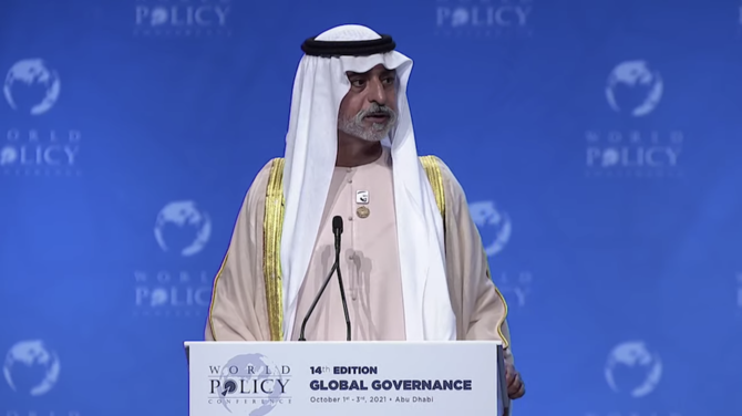 UAE tolerance and coexistence minister, Sheikh Nahyan bin Mubarak Al-Nahyan, during his opening address at the World Policy Conference. (Screenshot/WPC)