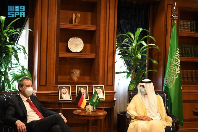 Saudi Arabia’s Minister of State for Foreign Affairs Adel Al-Jubeir meets Miguel Berger, state secretary of the German Federal Foreign Office, in Riyadh. (SPA)