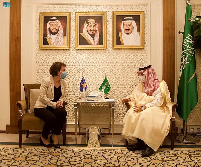 Saudi Arabia’s Foreign Minister Prince Faisal bin Farhan meets his Kosovar counterpart Donika Gërvalla-Schwarz in Riyadh on Sunday, Oct. 10, 2021. (SPA)
