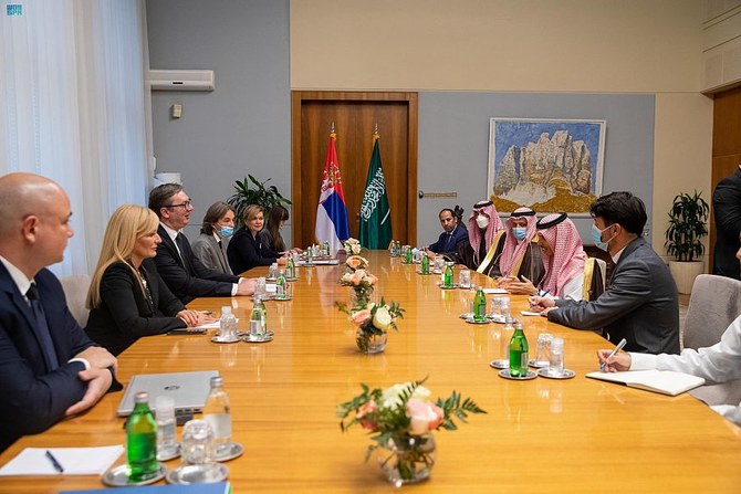 Serbian President Aleksandar Vucic receives Saudi Arabian Foreign Minister Prince Faisal bin Farhan in Belgrade on Monday, Oct. 11, 2021. (SPA)