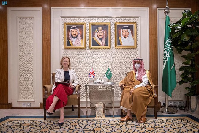 Saudi Arabia’s Foreign Minister Prince Faisal bin Farhan meets with his UK counterpart Liz Truss in Riyadh on Wednesday, Oct. 20, 2021. (SPA)