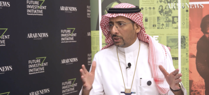 Minister of Industry and Mineral Resources Bandar Alkhorayef speaking to Arab News at the Future Investment Initiative Forum in Riyadh. (Screenshot)