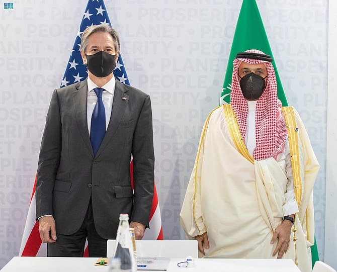 Saudi Arabia’s Foreign Minister Prince Faisal bin Farhan meets US Secretary of State Antony Blinken in Rome on Sunday, Oct. 31, 2021. (SPA)