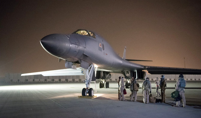 A U.S. Air Force B-1B Lancer and crew, being deployed to launch strike is seen in this image released from Al Udeid Air Base, Doha, Qatar on April 14, 2018. (REUTERS)