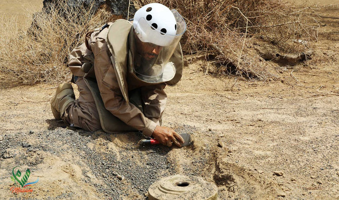 Saudi and international experts are removing mines planted by the Houthi militia in Marib, Aden, Al-Jawf, Shabwa, Taiz, Hodeidah, Lahij, Sanaa, Al-Bayda, Al-Dhale, and Saada. (WAM via AP)