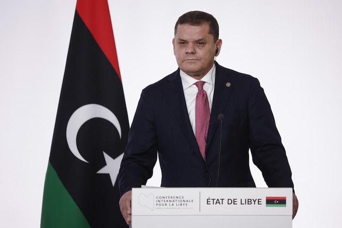 Libyan Prime Minister Abdul Hamid Dbeibah during a press conference folowing a conference on Libya in Paris Friday, Nov. 12, 2021. (AP)