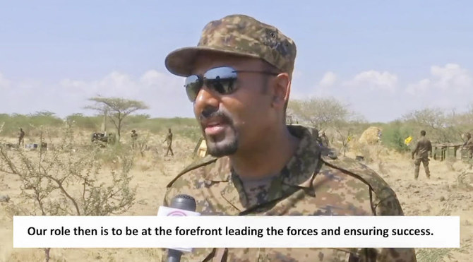 In this image made from undated released by the PM of Ethiopia, Abiy Ahmed is seen dressed in military uniform speaking to a television camera at an unidentified location in Ethiopia. (AP)