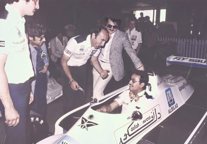 Frank Willians with Prince Fahad in a famous Saudi-sponsored Williams Formula One car of the early 1980s. (Supplied)